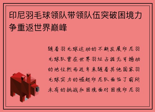 印尼羽毛球领队带领队伍突破困境力争重返世界巅峰