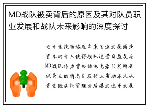 MD战队被卖背后的原因及其对队员职业发展和战队未来影响的深度探讨
