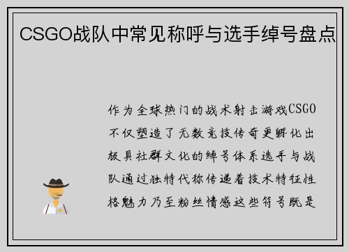 CSGO战队中常见称呼与选手绰号盘点